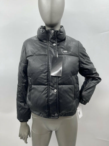 NWT Girls DKNY black faux-leather Full Zip puffer Black jacket Size M 10/12 DKNY