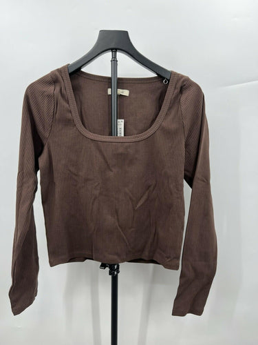 NWT Madewell Brown Ribbed Knit Square Neck Long Sleeve Crop Top Shirt Size L Browns