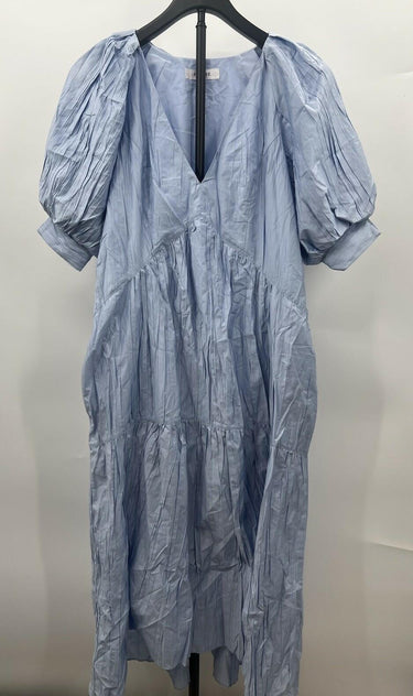 FRAME Dress Light Blue V Neck Puff Sleeve Tiered Crinkle Midi XS/TP FRAME