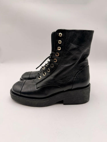 Chanel Interlocking CC Logo Black Leather Combat Boots Size 35
