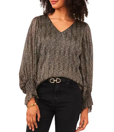 Vince Camuto Women's V-Neck Long-Sleeve Smocked-Cuff Blouse - Rich Black Size L Vince Camuto