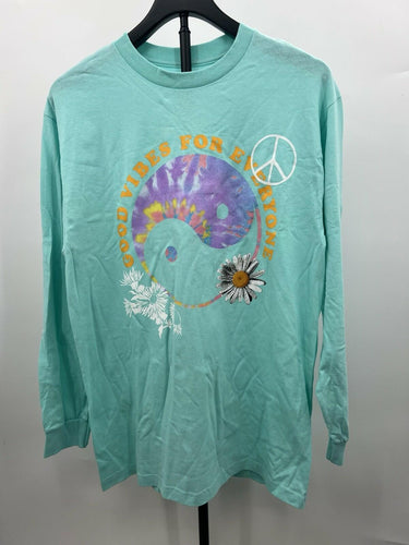 Abound Good Vibes T-Shirt Long Sleeve Yin Yang Daisy Teal M Abound