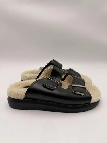 Women’s Alexander McQueen Black Leather Shearling Lined Sandals Size 39.5D Alexander