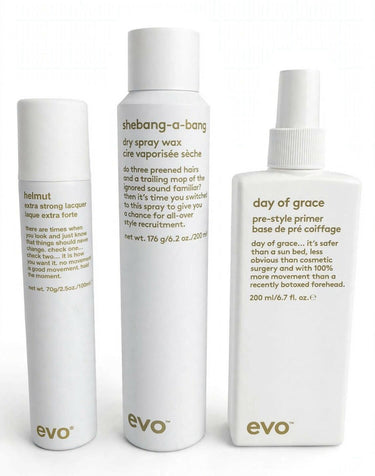EVO Styling Trio Helmut Lacquer 70g Shebang Dry Wax 176g Day Of Grace 200ml 3pc EVO