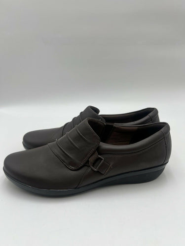 Clarks Brown Leather Ruched Slip On Loafers Comfort Shoes Size 9