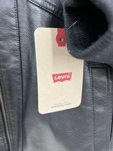 NWD Levis Jacket Mens Faux Leather Bomber Hooded Moto Black Biker Zip L Levi's