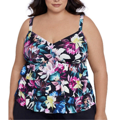 Swim Solutions Plus Size Floral-Print Tiered Tankini Top, 18W Swim Solutions