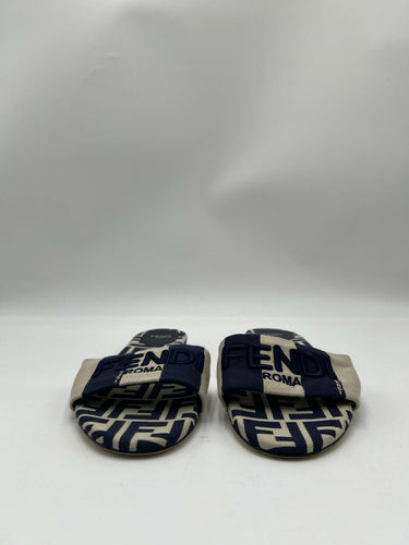 Women’s FENDI Signature Jacquard Canvas Slides Flat Sandal Beige Navy Size 40