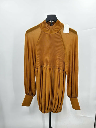 Proenza mustard Schouler Woman top High Neck Ribbed Knit Pleated Sleeves Size 4 Proenza
