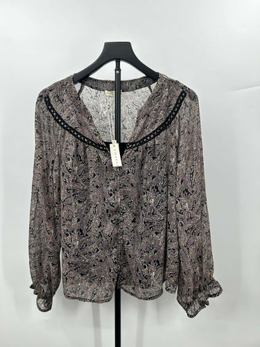 Lovestitch Blouse Woman’s paisley pattern black lace trim along the neckline S Lovestitch