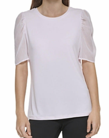 DKNY Mixed Media Puff Short Sleeve Top Fresh Pink Size M DKNY
