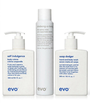 EVO Body + Hair Set Self Indulgence Creme Soap Dodger Wash Shebang-a-Bang Wax EVO