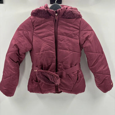 NWT Tahari Girl Full Zip Faux Fur Belted Jacket w/Hood Burgundy Size 10 Tahari