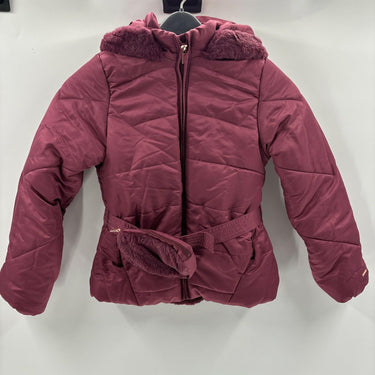 NWT Tahari Girl Full Zip Faux Fur Belted Jacket w/Hood Burgundy Size 10 Tahari