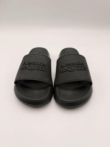 Alexander McQueen Women's black rubber logo embossed slides Size 37 Alexander Mcqueen