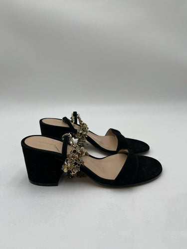 Gianvito Rossi black suede Gold Chain block-heel sandals Size 35 GIANVITO ROSSI