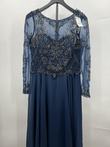 NWT Xscape Navy Beaded Illusion Long Sleeve A-Line Formal Evening Gown Size 10 Xscape