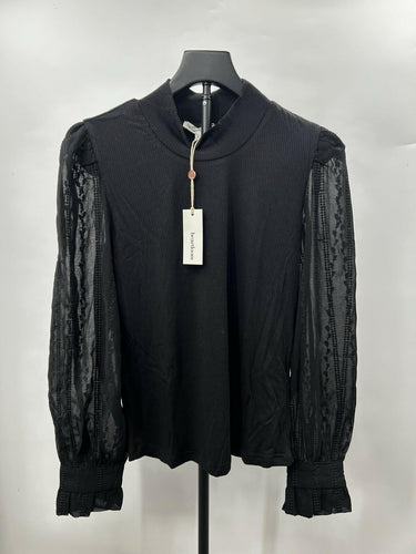 Heartloom Nia Black Top Mock Neck Ribbed Knit Bodice Semi Sheer Ruffle Cuffs M M & M