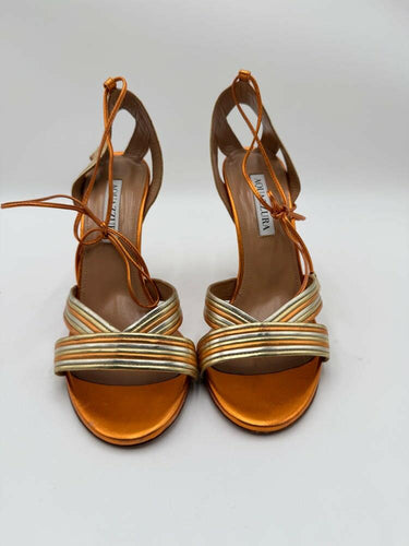 Aquazzura Ari Metallic Leather Ankle-tie Sandals Platino Gold Mandarin Size 38