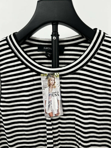 Karen Kane Woman’s black/white striped sleeveless layered top chiffon hem Sz XS