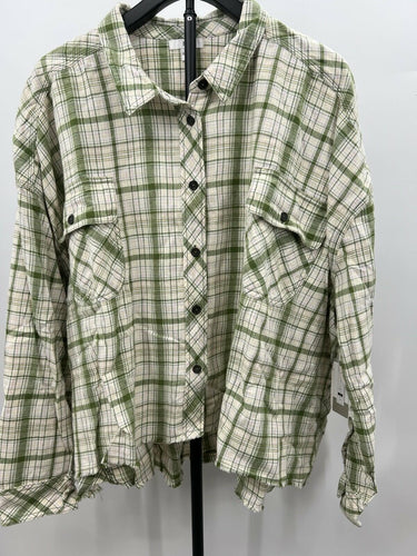 BP Green Plaid Crop Flannel Shirt Raw Hem Button Up Plus Size 2X BP
