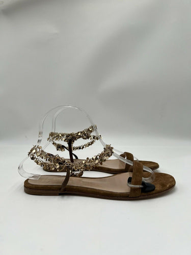 Gianvito Rossi flat sandals in camel suede gold-jeweled ankle strap Size 38 GIANVITO ROSSI