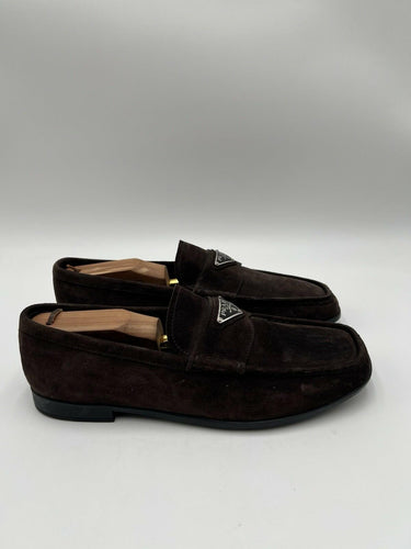 Men’s Prada chocolate brown suede slip-on driving loafers triangle logo 7UK PRADA