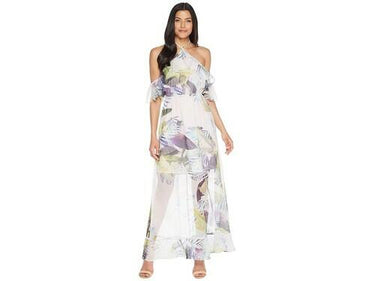 CECE Womens Purple Cold Shoulder Printed Short Sleeve Halter Maxi Dress Size 4 CeCe