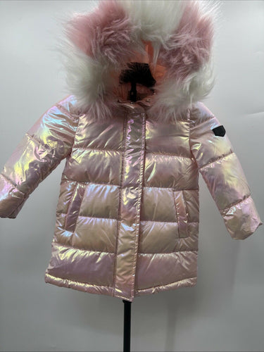 Sam Edelman Girls Iridescent Pink Long Puffer Coat Faux Fur Hood Jacket NWT 4 Sam Edelman