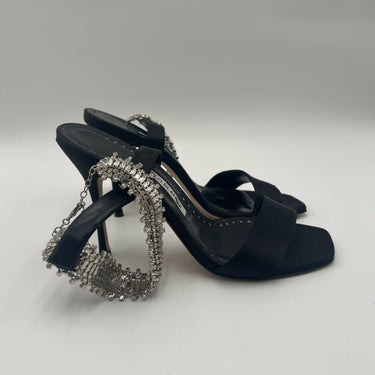 Manolo Blahnik Black Satin Open Toe Rhinestone Ankle Strap High Heels Women 37.5 Manolo Blahnik