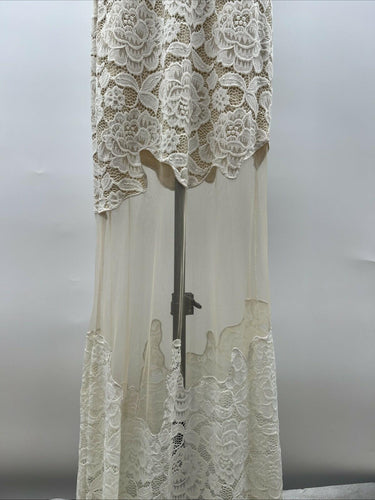 Symphony Long Ivory Dress with Lace Detail, Keyhole Back, and Sheer Bottom XS