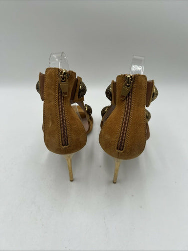 Balmain Women's Square Toe Emblem Studded Crossover Strap High Heels Brown 40.5