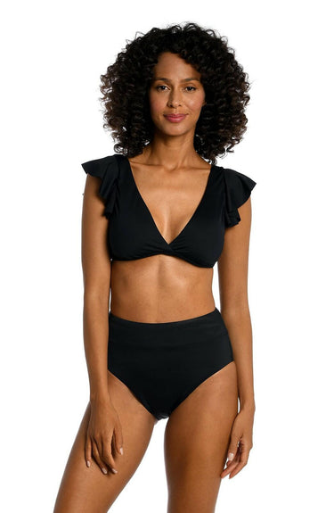 La Blanca Women's Over The Shoulder Ruffle Bikini Swimsuit Top, Black Size 14 La Blanca