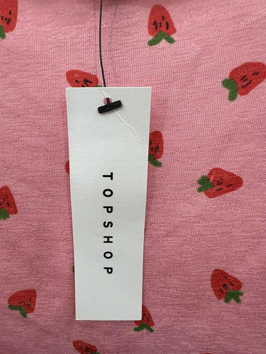 Topshop Pink Strawberry Print Tank Top Lettuce Hem Crop - US 4-6