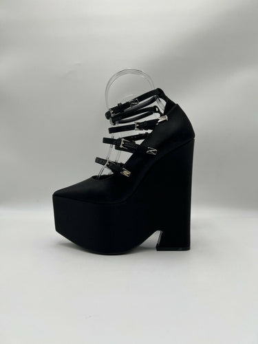 Versace Women’s Tempest Platform Pumps Black Satin Leather Trim Size 35.5 Versace