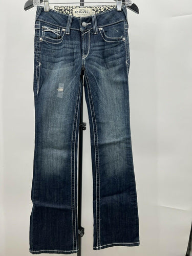 Ariat REAL Denim Jeans Low Rise Boot Cut Dark Wash Embroidered Pocket Womens 25R Ariat