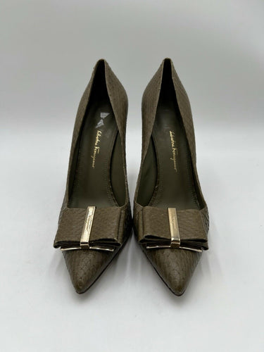 Salvatore Ferragamo olive green snakeskin embossed leather pump Size 9.5