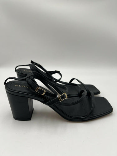 ALOHAS Black Strappy Block Heel Sandals Square Toe Leather Gold Buckle Womens 42 Alohas