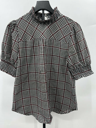 LOFT Blouse Womens Black White Gingham Check Smocked Puff Sleeve Top S Loft