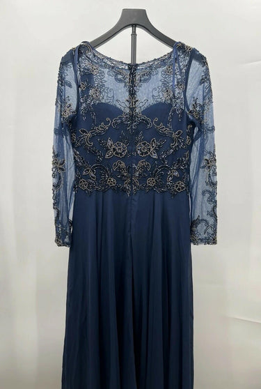 NWT Xscape Navy Beaded Illusion Long Sleeve A-Line Formal Evening Gown Size 10 Xscape