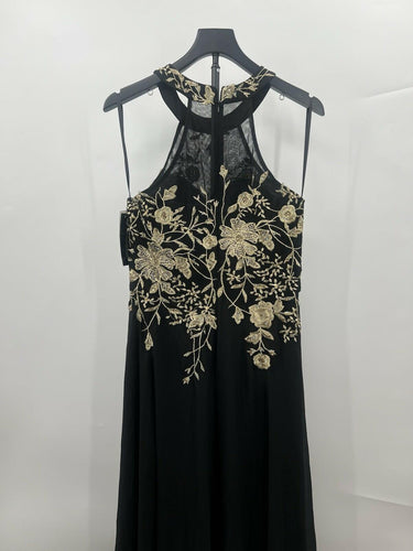 NWT Black Gold Embroidered Floral Halter Evening Gown Dress 10