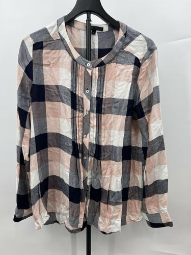 Gibson Plaid Tunic Blouse Pink Navy Check Pleated Button Up Boho L Gibson