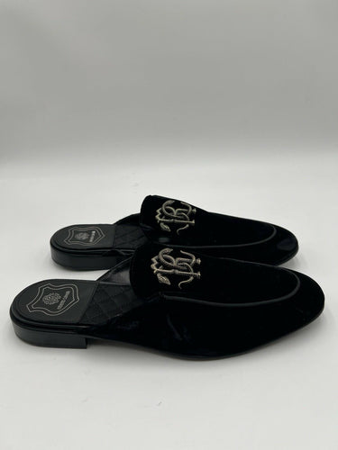 Roberto Cavalli mules black velvet gold-tone Mirror men Snake logo Size 43 Roberto Cavalli