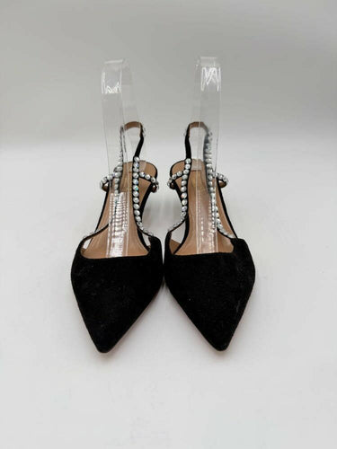 Aquazzura Black Suede Crystal Embellished Point Toe Slingback Pumps, Size 35