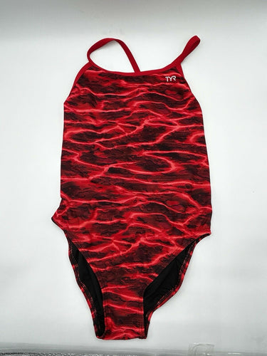 TYR Woman’s red and black patterned Lambent Cutoutfit Swimsuit Size 40 TYR