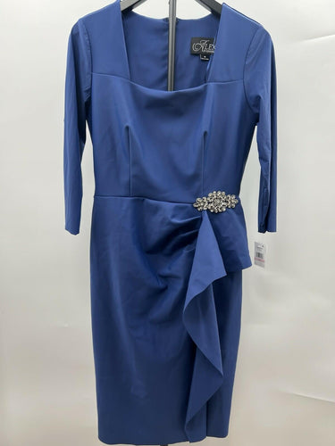 Alex Evenings Indigo Blue Cowl Draped Ruffle Formal Dress Beaded Cocktail 10 Alex Evenings