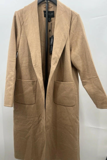 Rachel Zoe Coat Womens Camel Long Duster Shawl Collar Pockets Open Cardigan L Rachel Zoe