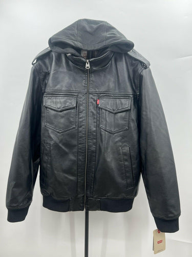 NWD Levis Jacket Mens Faux Leather Bomber Hooded Moto Black Biker Zip L Levi's