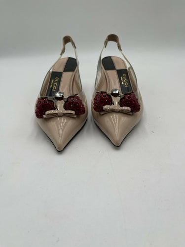 Gucci Eleanor Strawberry Plexi slingback heels in nude patent leather Size 35