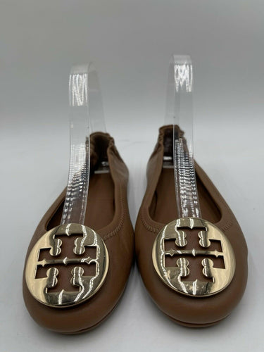 Tory Burch Minnie Travel Ballet Flats tan Leather gold medallion Size 5.5M